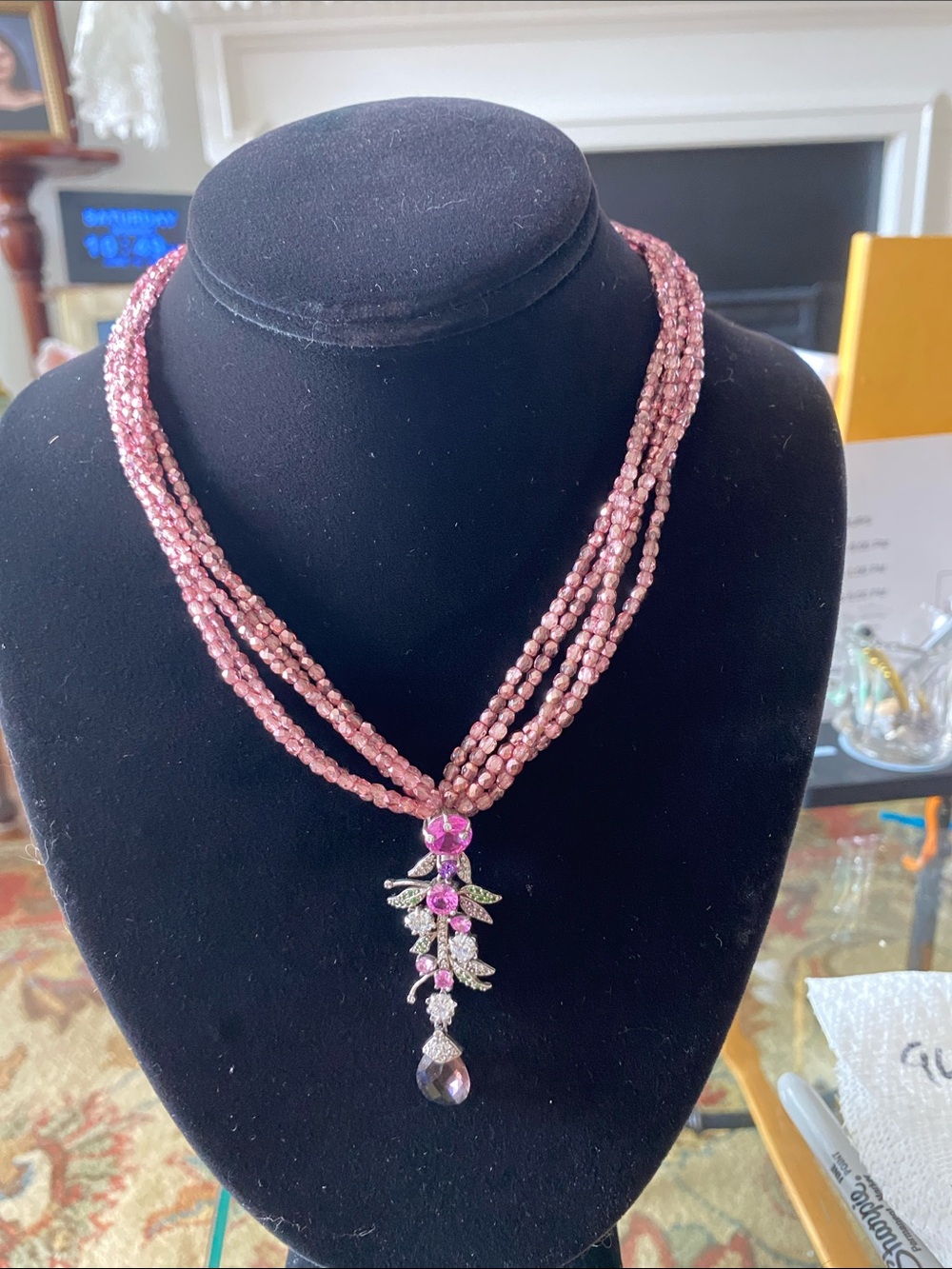 Pink Multi-Strand Beaded Necklace with Floral Drop Pendant